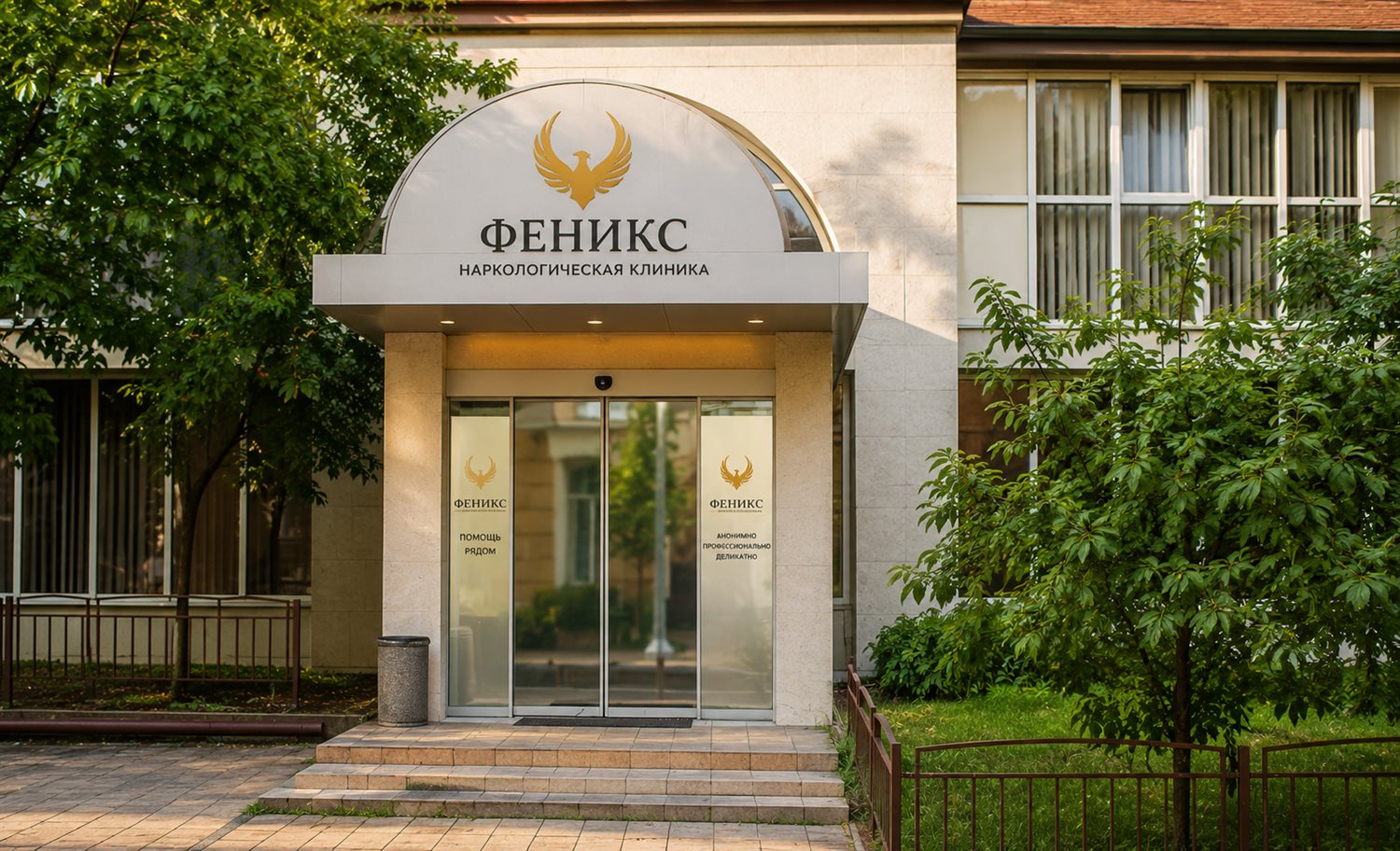 Вход в наркологическую клинику «Феникс» в Бронницах